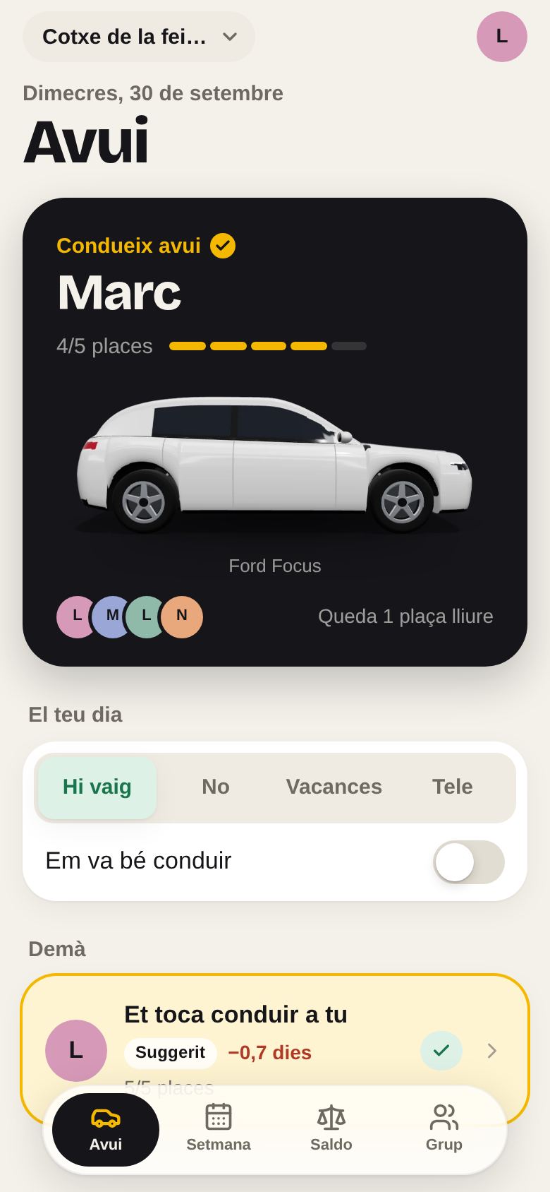 Captura de QuiCondueix: Avui: qui condueix i amb quin cotxe